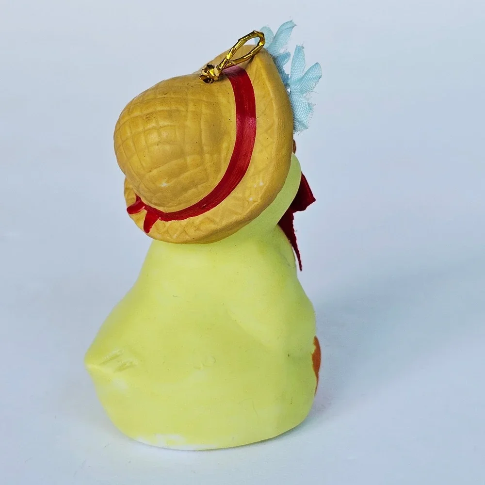 Vintage Yellow Duck Bell Straw Hat Flower Figurine Decor Kitsch Shabby Chic
